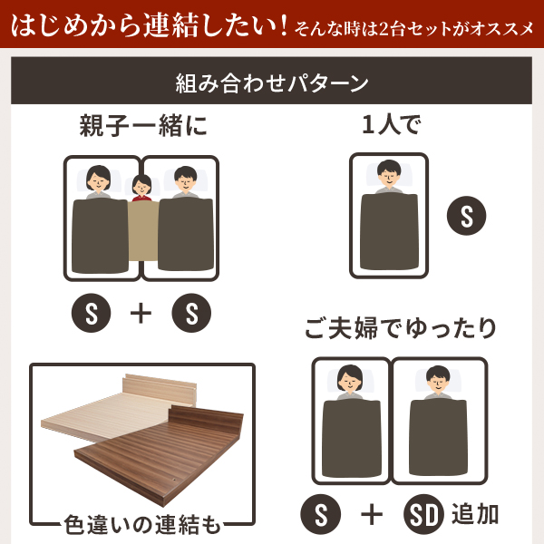 敷き布団が使えるフラット構造 ローベッド シングル フレームのみ 送料無料 フロアベッド シングル 木製 ローベッド フレーム 連結 宮付き コンセント 棚付き 布団 フラット 頑丈 ウォールナット ナチュラル フラットベッド ロータイプ 低いベッド_4