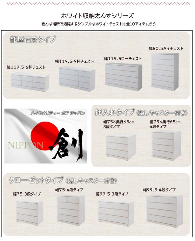 押し入れにピッタリ奥行65ｃｍ 押し入れ収納 キャスター付き 4段 引き出し 幅75 完成品 クローゼット チェスト 日本製 国産 ホワイト 白 木製 大容量 押し入れタンス 国産_5