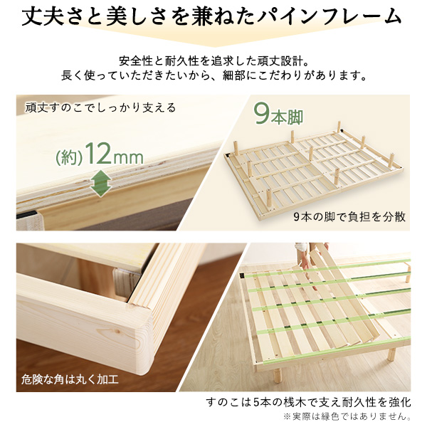 北欧産パイン 3段階 高さ調整 宮付き すのこベッド フレームのみ ダブル 送料無料 宮付き 木製 ベッドフレーム 天然木 おしゃれ 宮棚付きベッド 継ぎ脚 高さ調節 コンセント付き