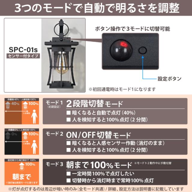【人感センサー】玄関灯 ポーチライト 防雨 外灯 玄関 LED 照明 門柱灯 庭用 ブラケットライト 明るさセンサー同時搭載 おしゃれ PSEマーク取得 SPC-01S