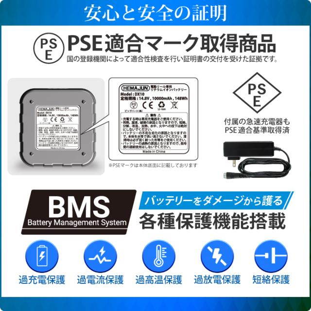 【1年保証】【公式】HEMAJUN (ヘマジュン) 電動リール用バッテリー 10000mAh 14.8V 充電器 ケーブル ポーチ付 DX10 ダイワ/シマノと互換性あり 電池残量機能付き