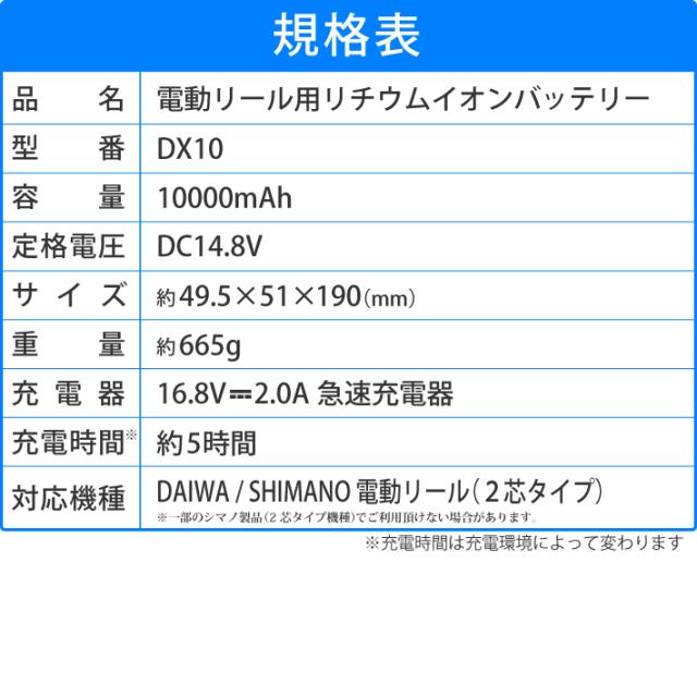 【1年保証】【公式】HEMAJUN (ヘマジュン) 電動リール用バッテリー 10000mAh 14.8V 充電器 ケーブル ポーチ付 DX10 ダイワ/シマノと互換性あり 電池残量機能付き