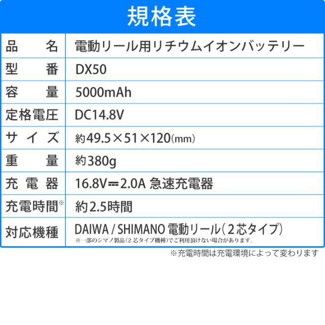 【1年保証】【公式】HEMAJUN (ヘマジュン) 電動リール用バッテリー 5000mAh 14.8V 充電器 ポーチ付 DX50 ダイワ/シマノと互換性あり 電池残量機能付き