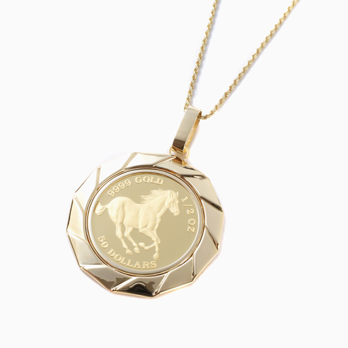 コインペンダント ホース 馬 純金 金貨ネックレス 両面ガラス エリザベス二世 1/2オンスの通販は
