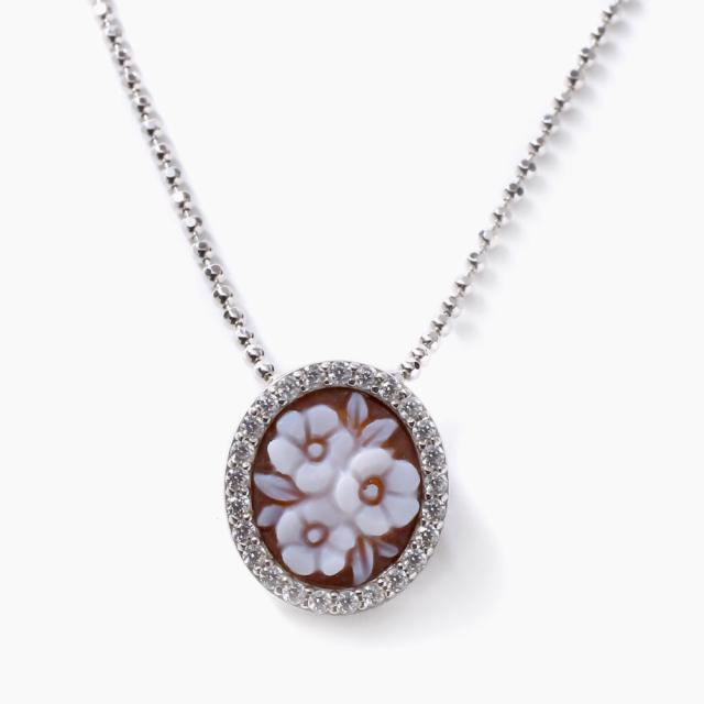 フラワーペンダント キュービックジルコニア シェルカメオペンダントネックレス シルバーカットボールチェーン CAMEO の通販は