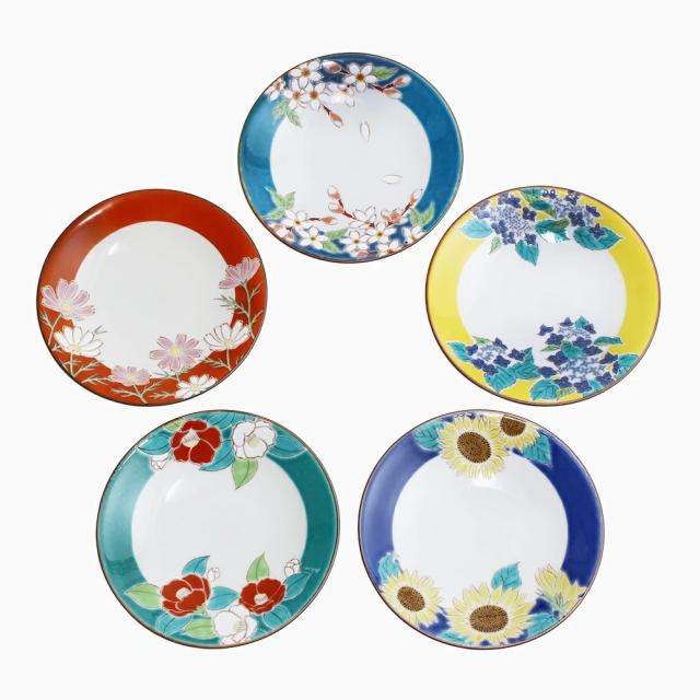 日本製 九谷焼 久谷五彩 磁気 陶器 陶磁器 小皿 皿 お皿 4.6号皿揃 四季の花 セット売り 5点セット 可愛い 華やか 鮮やか お洒落 オシャレ お祝い 記念日 誕生日 結婚祝い 開店祝い プレゼント 贈り物 ギフト 食器 和食器 インテリア