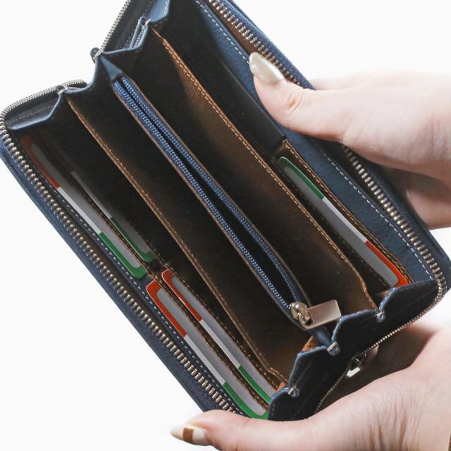 長財布 牛革財布 青 ブルー 本革さいふ メンズ レディースウォレット
