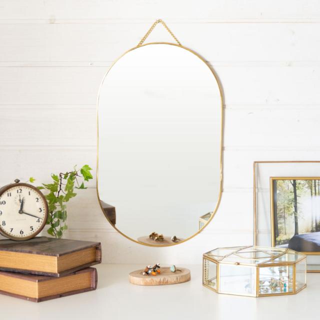 【アンティーク】ゴールド装飾楕円形壁掛けミラー 壁掛けミラー 鏡 楕円形 真鍮 ゴールド おしゃれ アンティーク調 洗面