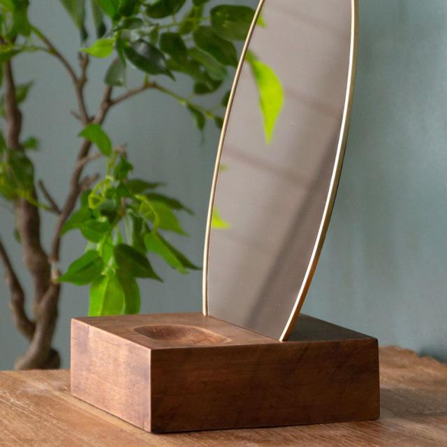 ミラー 鏡 卓上 スタンド 丸型 オーバル 木製台 楕円形 化粧鏡 真鍮