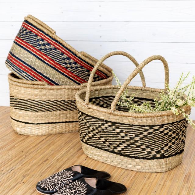 カゴ 収納 バスケット 持ち手付き カゴバッグ オーバル型 ライン