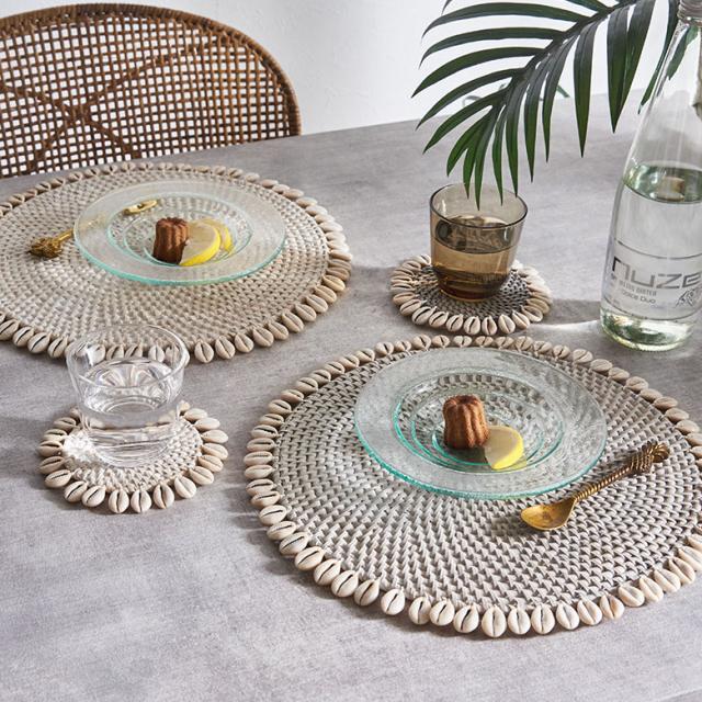 ランチョンマット ラウンド ラタン製 シェル付き 径約34cm プレース