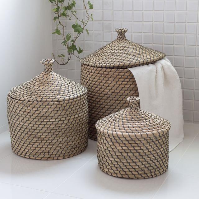 アジアン バリ島 シーグラス 3点セット バスケット かご 収納 家具 リゾート バスケット ふた付き かごバスケット ポット シーグラス 3点