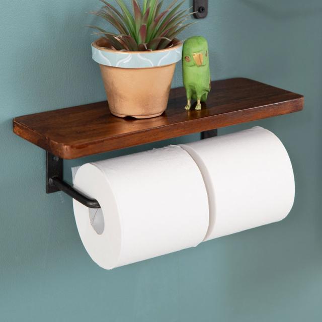 トイレットペーパーホルダー Lサイズ アイアンハンガー トイレットペーパー ハンガー 鉄製 ウッドボード付 天然木 アンティーク調の通販は