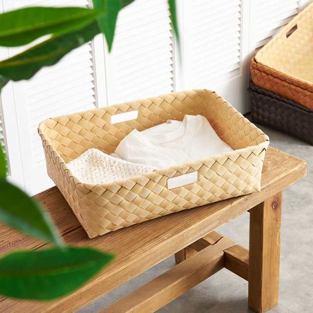 かご バスケット 洗える 持ち手付き フェイクシダー 白樺風 約 W