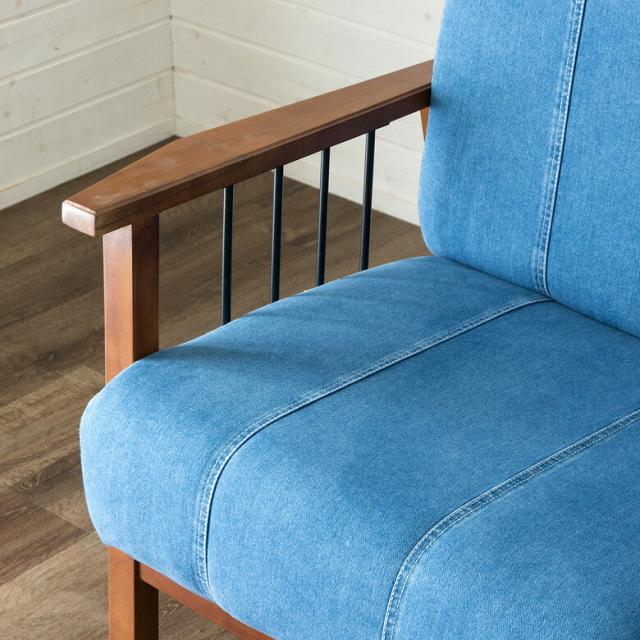 デニムブルー 2人掛けソファ 木製フレーム 2人掛けソファ デニム生地 木製 アイアン 肘掛け 幅138cm ブルー