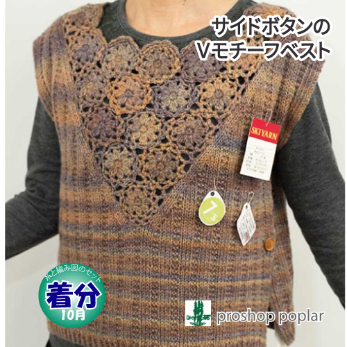 【秋冬】サイドボタンのVモチーフベスト【中級者】【編み物キット】 毛糸のポプラ
