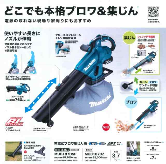 マキタ(makita) 充電式ブロア集塵機 MUB187DZ+A-75524 ワイドノズル 屋外用掃除機 18V【本体のみ】※の通販はau PAY  マーケット - 高橋本社 au PAY マーケット店 | au PAY マーケット－通販サイト