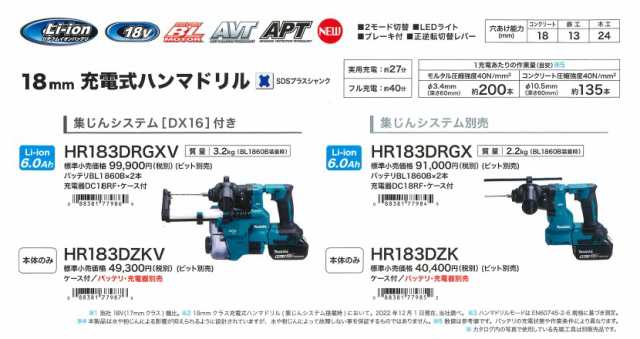 マキタ(makita) HR183DRGX 充電式ハンマードリル 18V【バッテリー/充電 ...