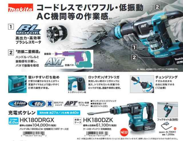 マキタ(makita) HK180DRGX 充電式ケレン 18V 6.0Ah 3.1J SDSプラスシャンク 【バッテリー2個/充電器セット】質量3.4kgの通販はau  PAY マーケット 高橋本社 au PAY マーケット店 au PAY マーケット－通販サイト