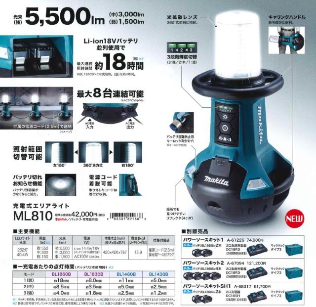 マキタ(makita) ML810 充電式エリアライト（14.4V/18V/100V）現場ライト 5500lm【本体のみ】