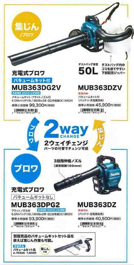 マキタ(makita) 集塵機能付 充電式ブロア MUB363DG2V バキュームキット