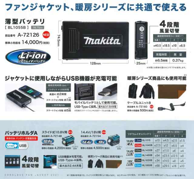 マキタ(makita) 薄型バッテリー BL1055B A-72126 USB機器充電可能 風量