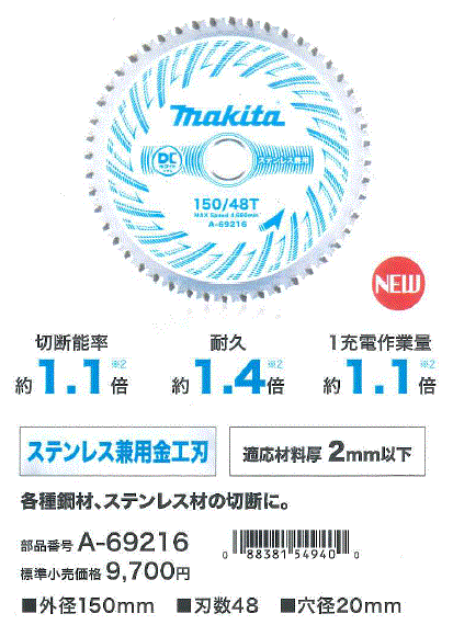 マキタ DCホワイトメタルチップソー ステンレス兼用金工刃 外径150mm