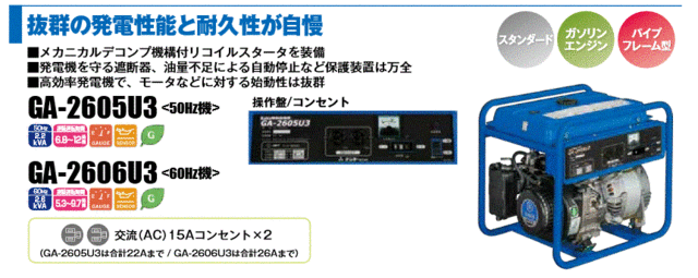 発電機 Ga 2605u3 Ga 2606u3 小型発電機 スタンダード発電機 デンヨー Denyo 小型ガソリン発電機の通販はau Pay マーケット 高橋本社