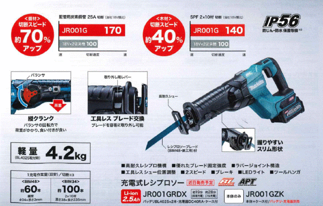 マキタ JR001GRDX 充電式レシプロソー 40V 【バッテリー/充電器セット