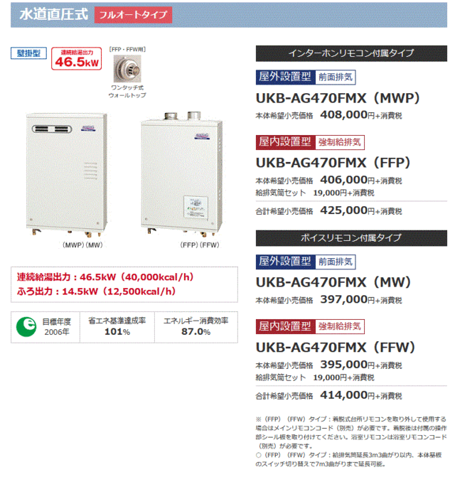 ガス化燃焼 石油給湯器 アビーナG UKB-AG472A(MS) CORONA（コロナ） 給湯 追いだき オート 屋外 ステンレス外装 前面排気 ボイスリモコン 直圧式 46.5kW - 3