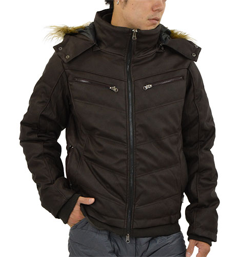 中綿ジャケット メンズ フェイクレザー PUレザー ブルゾン フード ロゴ 合皮 暖か 防寒 冬 中綿入りフードデザインブルゾン⁄中綿ジャケット メンズ フェイクレザー PUレザー ブルゾン フード ロゴ （1ブラック）