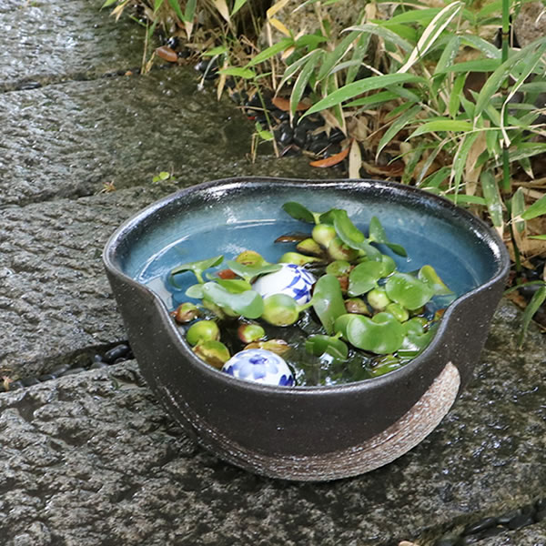 陶器 10号青釉ハケメ三方曲げ水鉢 信楽焼すいれん鉢 メダカ鉢、 金魚鉢にも最適 睡蓮鉢 スイレ和風【手作り】の通販は