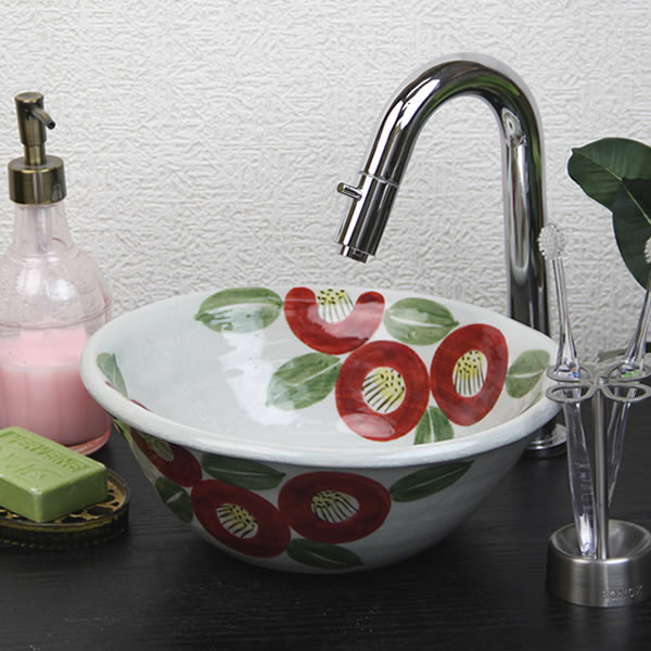 陶器 椿絵小判型手洗い鉢 洗面ボール 洗面器 手洗器 手洗鉢  洗信楽焼 おしゃれ 和風【手作り】の通販は 25,915円