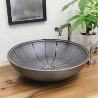 陶器 イブシ青ライン手洗い鉢 洗面ボール 洗面器 手洗器 手洗鉢 信楽焼 おしゃれ 和風【手作り】_1