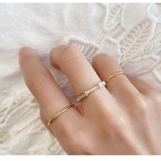 リング 指輪 ステンレス製 シンプル 華奢 女性らしい 6粒CZ 天然白蝶貝