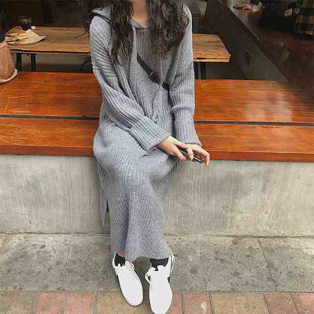 ワンピース ニットワンピ ロング丈 スリット フーディー 秋 春 冬 グレー 黒 3074の通販はau Pay マーケット Ever Sweet Girl