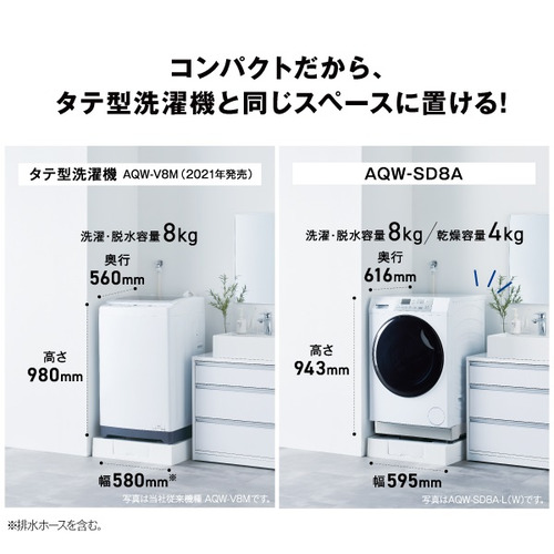無料長期保証】AQUA ドラム式洗濯機 左開き 洗濯8.0kg 乾燥4.0kg 幅幅 
