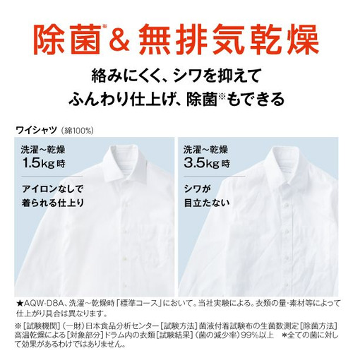 AQUA ドラム式洗濯機 右開き 洗濯8kg 乾燥4.5kg 幅59.5cm お湯洗い 除菌&無排気乾燥 まっ直ぐドラム AQW-D8A-R(W) ホワイト系_17
