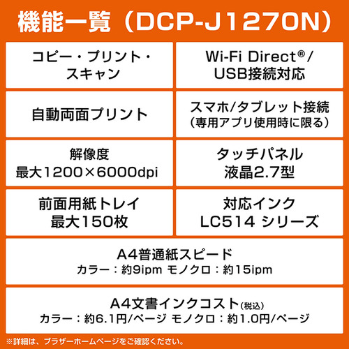 ブラザー DCP-J1270N プリンター A4大容量インクジェット複合機 自動両面印刷 Wi-Fi Windows Mac ChromeOS対応
