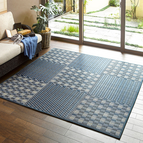 萩原 はっ水 ふっくらウレタン入り い草ラグ キハチ 約180×180cm ブルー