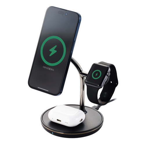 エレコム W-MS08BK 3in1ワイヤレス充電器 スタンド型 Qi2規格対応