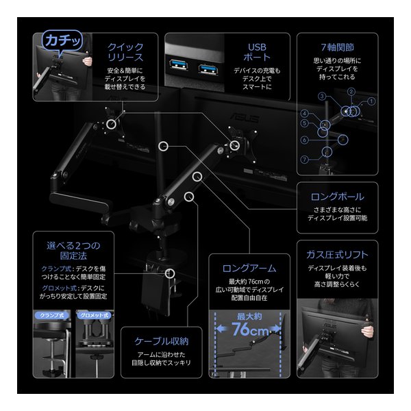 Bauhutte バウヒュッテロングモニターアームGS デュアル/ホワイト BMA