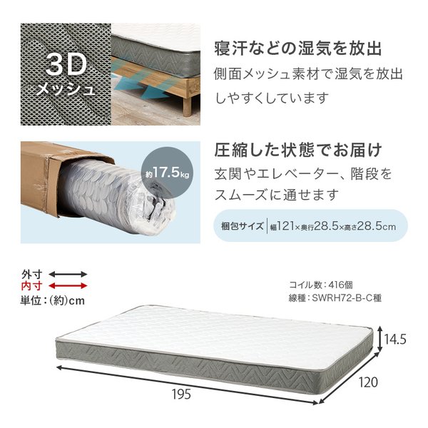 萩原 ハギハラ組立簡単 マットレス付セミダブルベッド ボンネルコイル/ウォッシュホワイト MB-5149SD-WS3301(2661239)代引不可_19