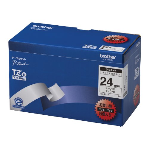 ブラザー工業 TZeテープ ラミネートテープ(白地/黒字) 24mm 5本パック TZe-(中古品)