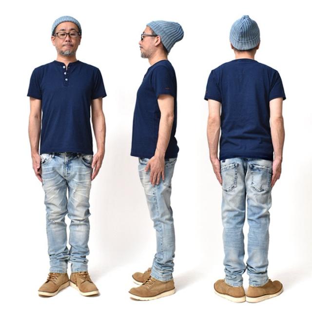 インディゴ ヘンリーネック 厚手 Tシャツ メンズ | M~2XL アメカジ ブランド ヘンリーT 綿100 カットソー トップス 着丈 短い 無地 春夏 夏物 夏服 所さん 世田谷ベース 20代 30代 40代 50代 60代 メンズファッション カジュアル オシャレ かっこいい 大人 服 人気 オススメ