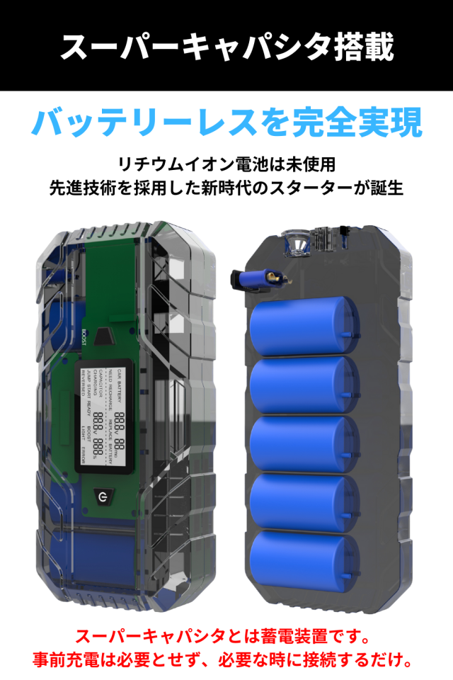 【バッテリーレスで安心】 ジャンプスターター 12V 充電不要 スーパーキャパシタ メンテナンスフリー バッテリー上がり 自動車 ブラック LUFT-CJS_3