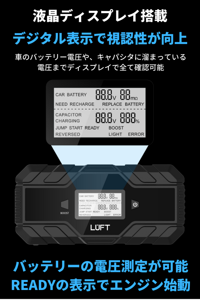 【バッテリーレスで安心】 ジャンプスターター 12V 充電不要 スーパーキャパシタ メンテナンスフリー バッテリー上がり 自動車 ブラック LUFT-CJS_6