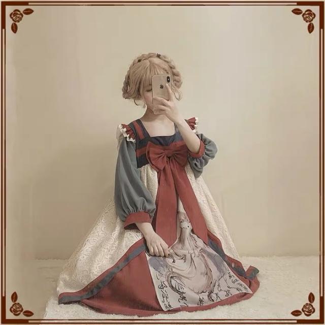 九尾の狐 水墨画風リボンワンピース 長袖 ひざ丈 シンプル ロリータ ハイウエストの通販はau Pay マーケット お取り寄せドレスのアルトリアaupayマーケット店