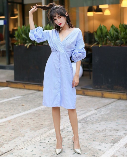 ストライプカクシュールワンピ ボリューム袖 シャツ 水色 春夏 きれいめ カジュアル 爽やか の通販はau Pay マーケット お取り寄せドレスのアルトリアaupayマーケット店