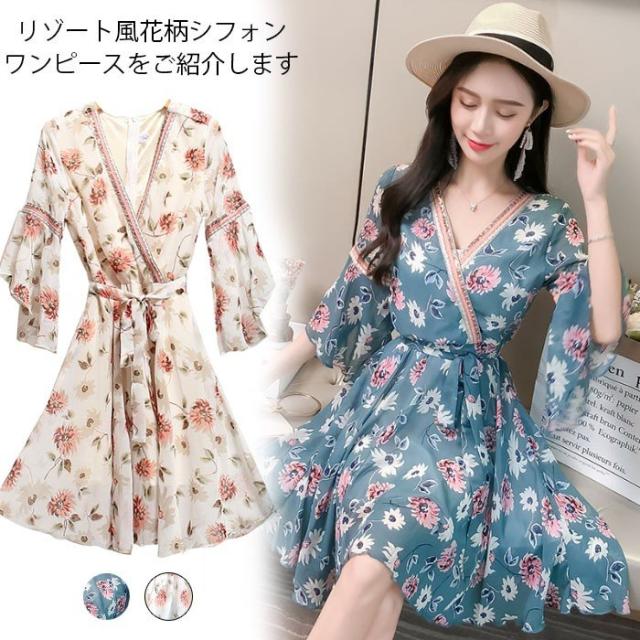 送料無料レディースワンピースミディアムワンピースシフォンワンピース七分袖膝上丈ワンピース裏地付きvネック薄手ウエスト紐フレア花柄の通販はau Pay マーケット ショップヨシダ